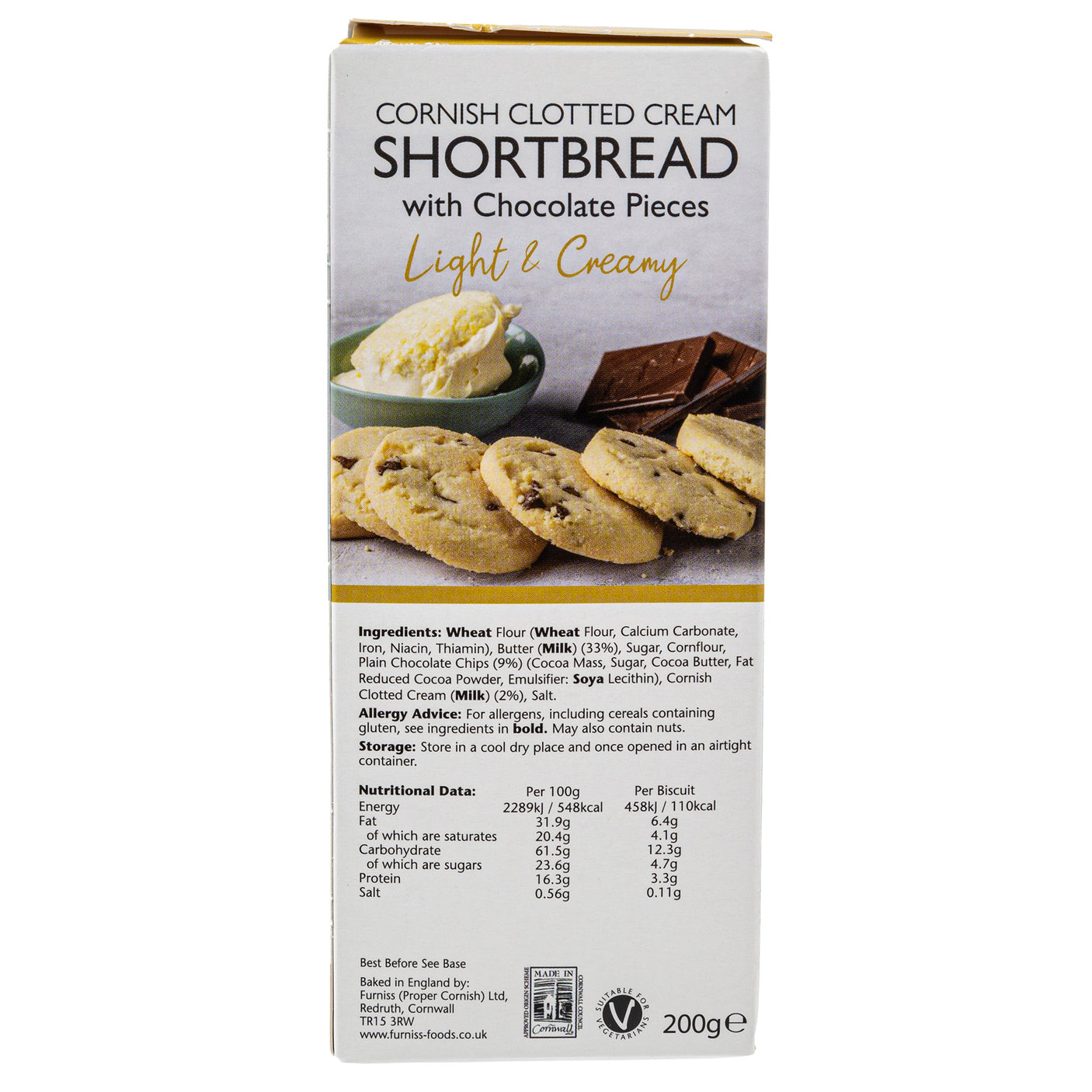 Lobbs Farm Shop, Heligan - Furniss - Cornish Clotted Cream Shortbread with Chocolate Pieces 180g - Made in Cornwall