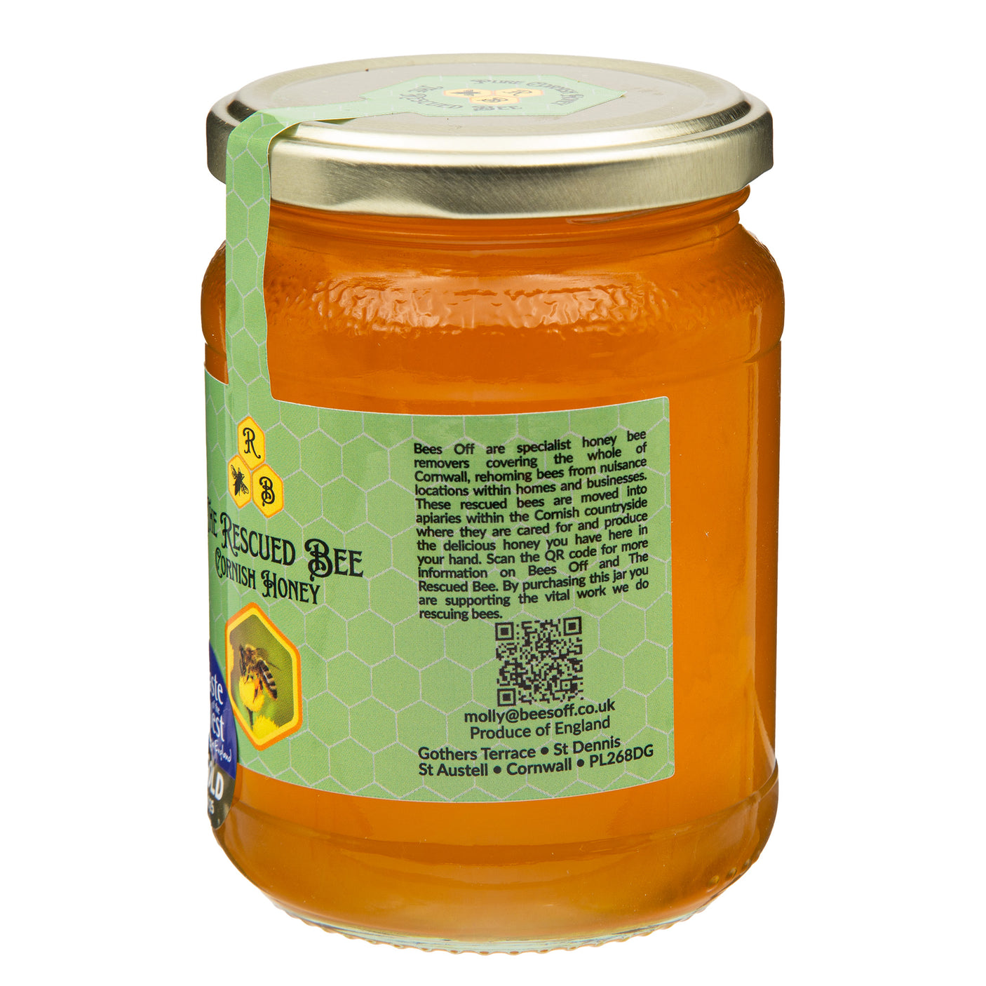 Lobbs Farm Shop, Heligan, Cornwall - Bees Off - The Rescued Bee Cornish Honey 454g