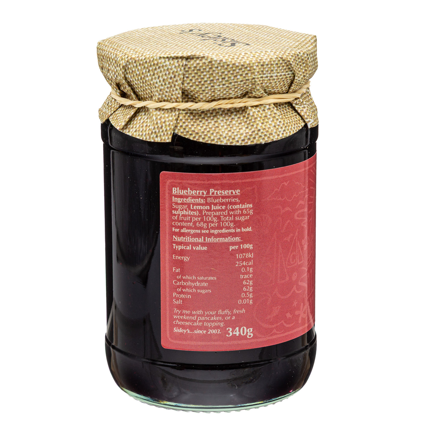 Lobbs Farm Shop, Heligan, Cornwall - Sisleys - Blueberry Preserve 340g - Made in Cornwall