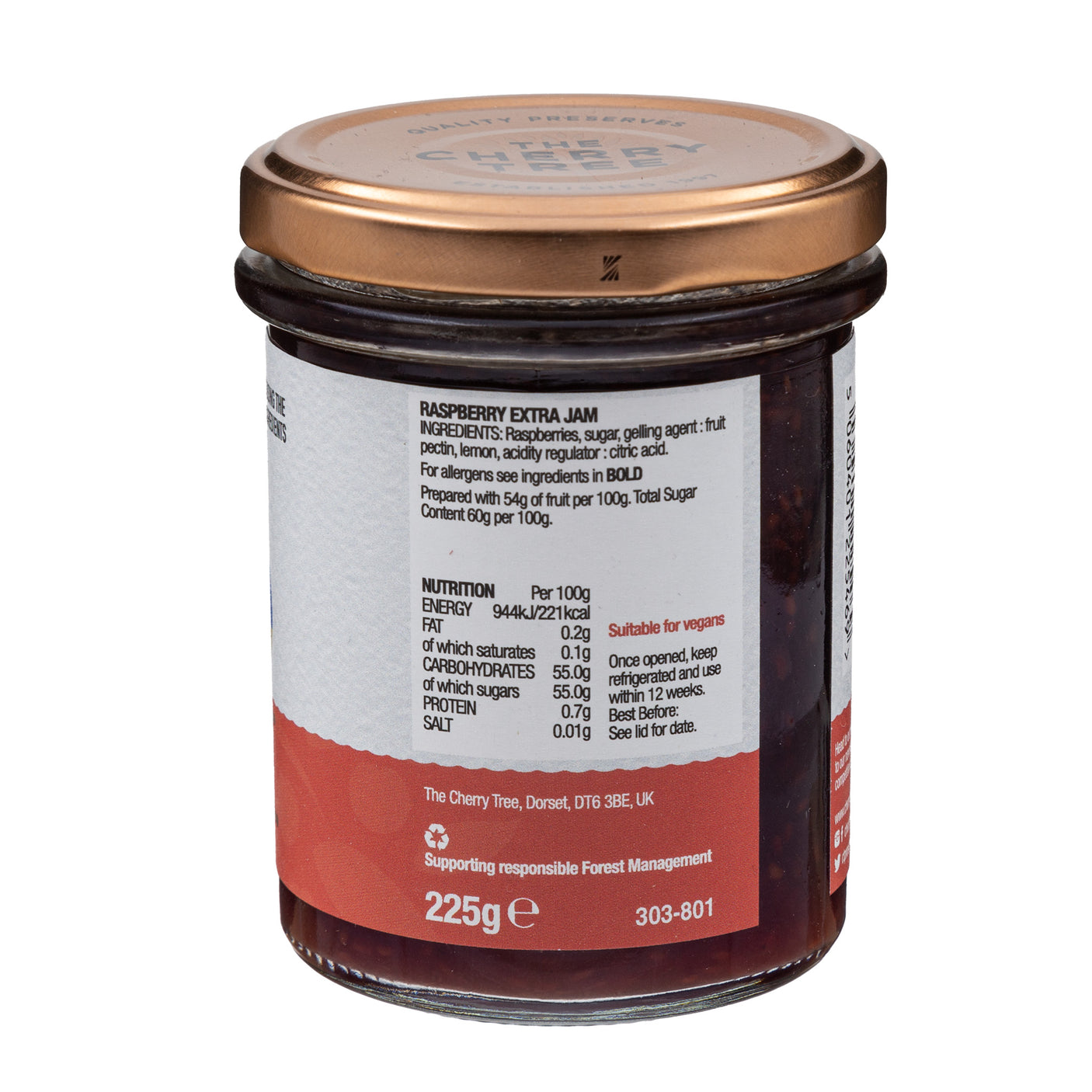 Lobbs Farm Shop, Heligan - The Cherry Tree - Raspberry Extra Jam 225g