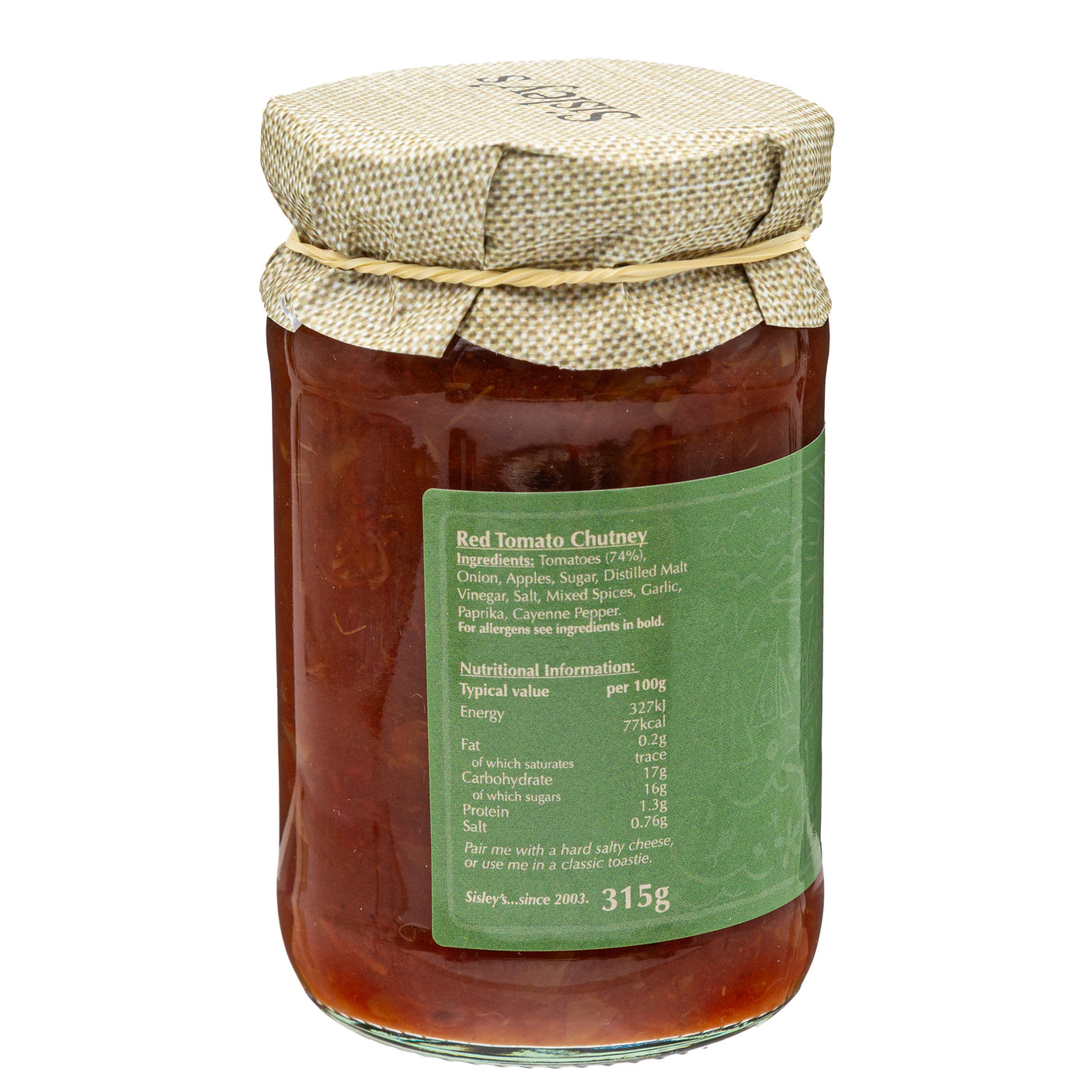 Lobbs Farm Shop, Heligan, Cornwall - Sisleys - Red Tomato Chutney 315g - Made in Cornwall