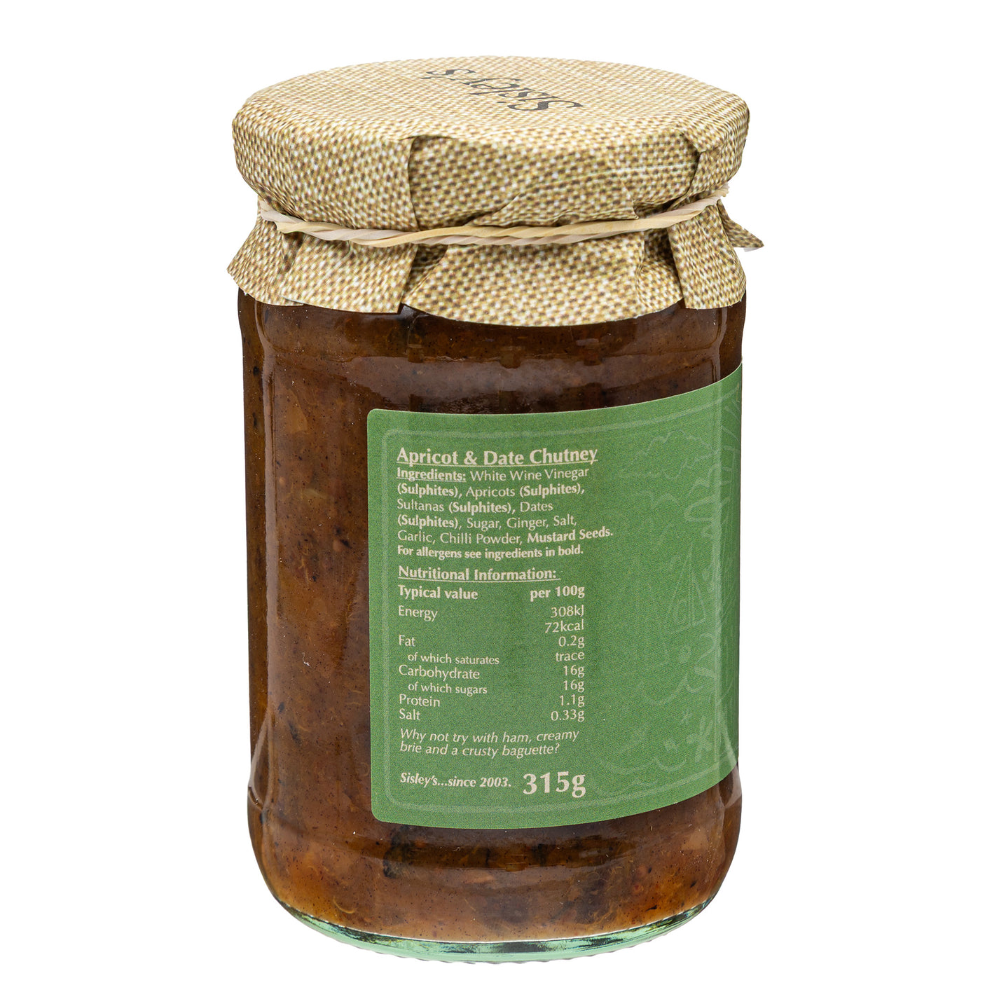 Lobbs Farm Shop, Heligan, Cornwall - Sisleys - Apricot & Date Chutney 315g - Made in Cornwall