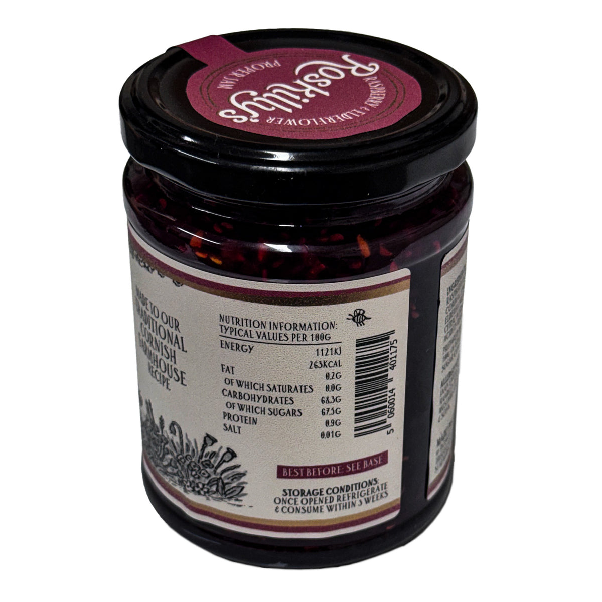 Lobbs Farm Shop, Heligan, Cornwall - Roskilly's Raspberry & Elderflower Proper Jam 360g - Made in Cornwall