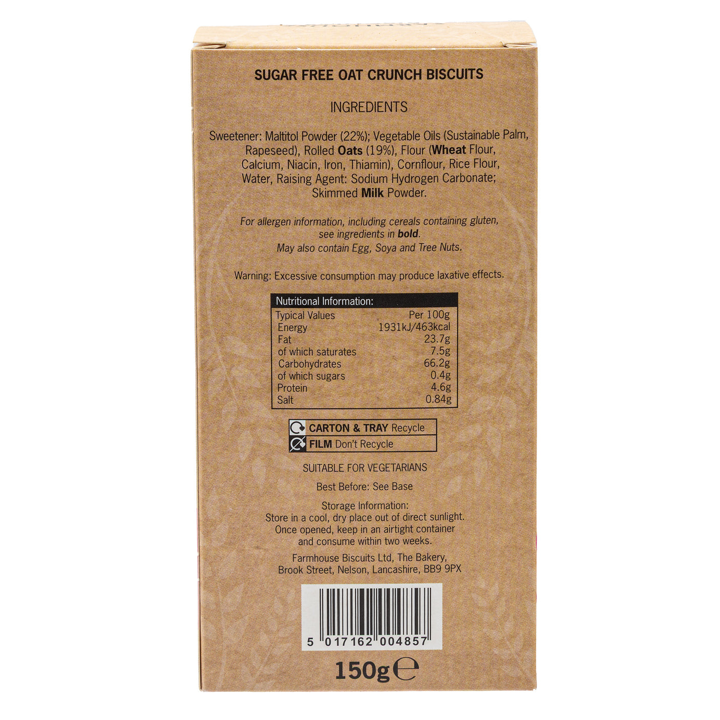 Lobbs Farm Shop, Heligan, Cornwall - Farmhouse Biscuits - Sugar Free Oat Crunch Biscuits 150g