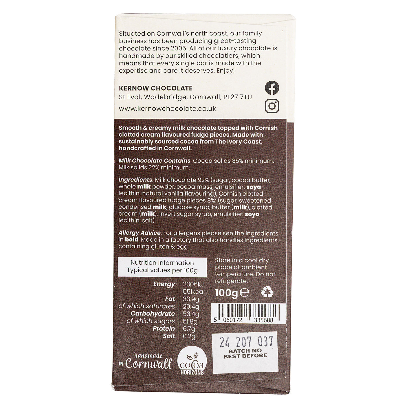 Lobbs Farm Shop, Heligan, Cornwall - Kernow Chocolate - Fudge Milk Chocolate 100g - Made in Cornwall