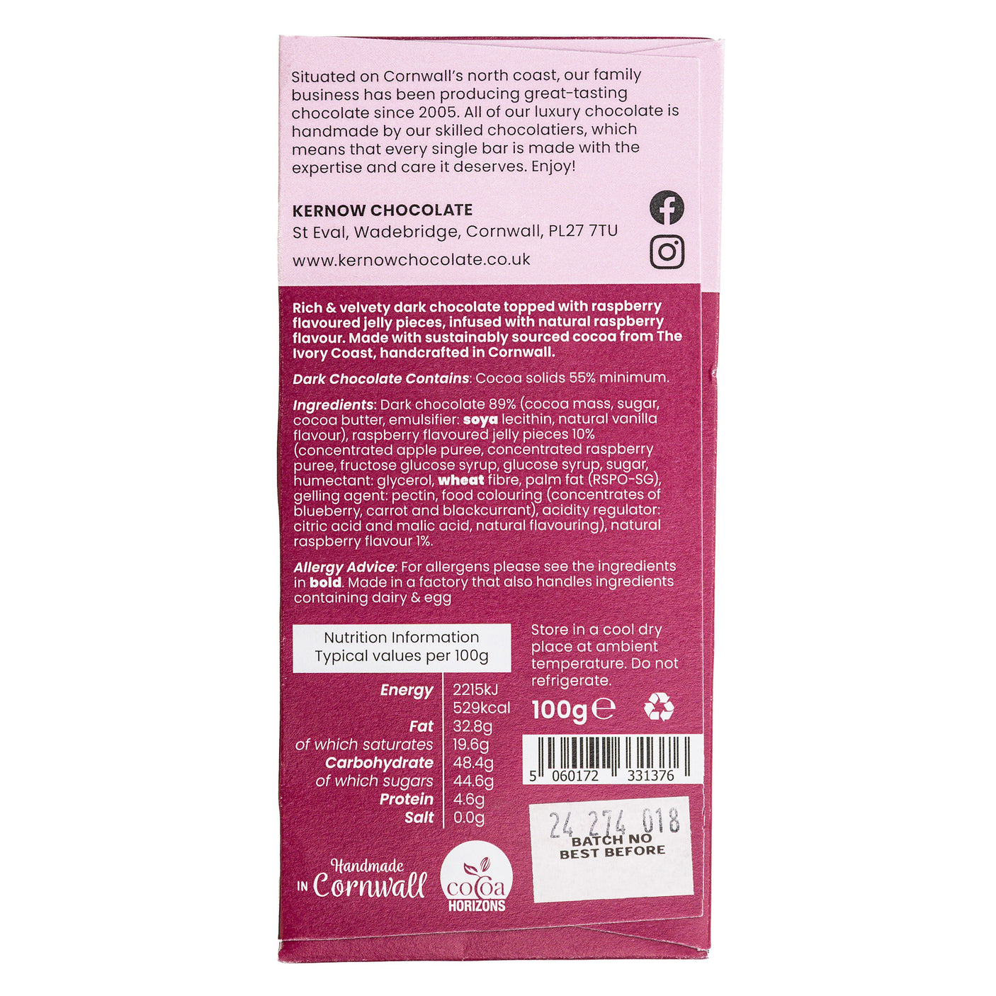 Lobbs Farm Shop, Heligan, Cornwall - Kernow Chocolate - Raspberry Dark Chocolate 100g - Made in Cornwall