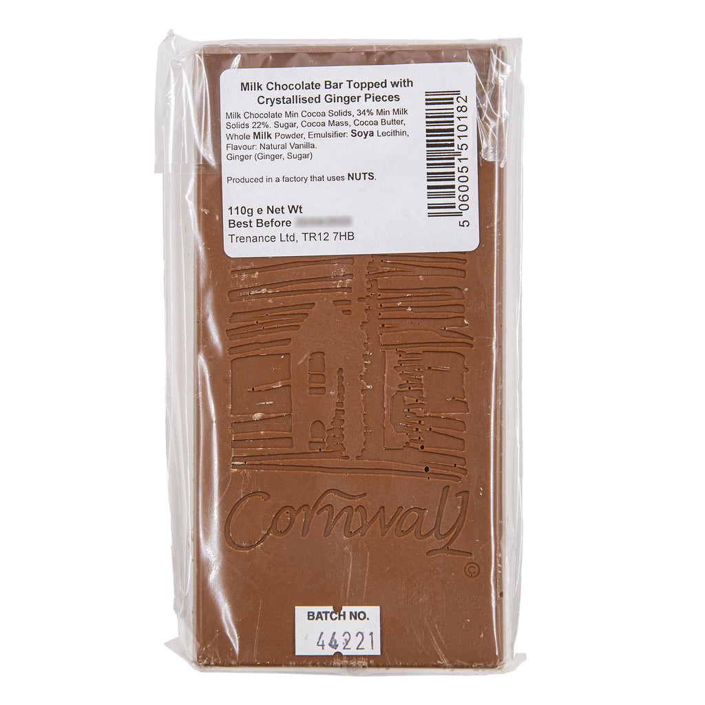 Trenance - Milk Chocolate Bar Toped with Crystallised Ginger Pieces 110g