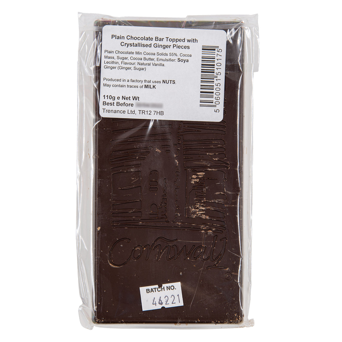 Trenance - Plain Chocolate Bar Toped with Crystallised Ginger Pieces 110g