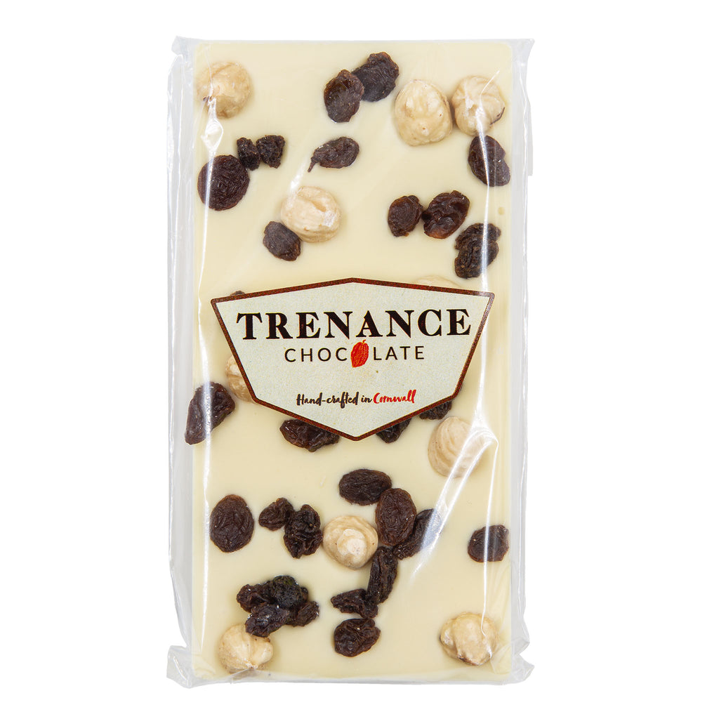 Trenance - White Chocolate bar Topped with Roasted Hazlnuts & Raisins 110g