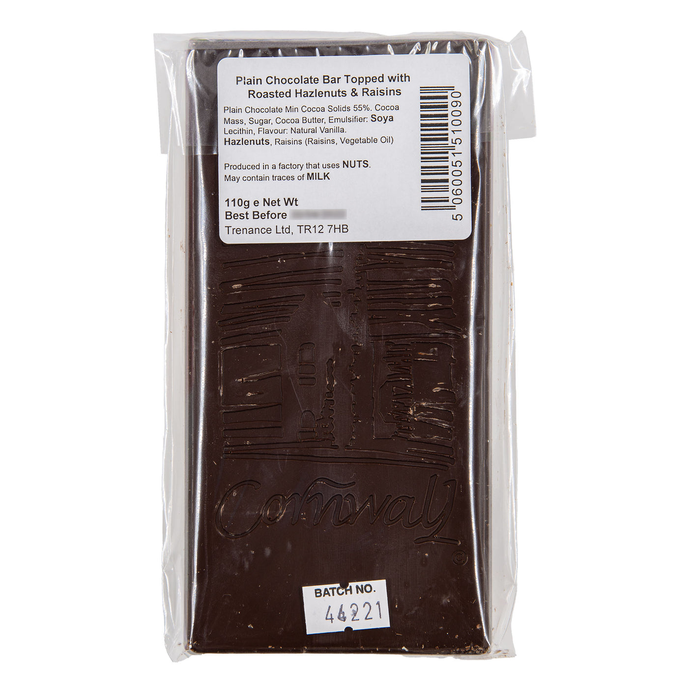 Trenance - Plain Chocolate Bar Topped with Roasted Hazelnuts & Raisins 110g