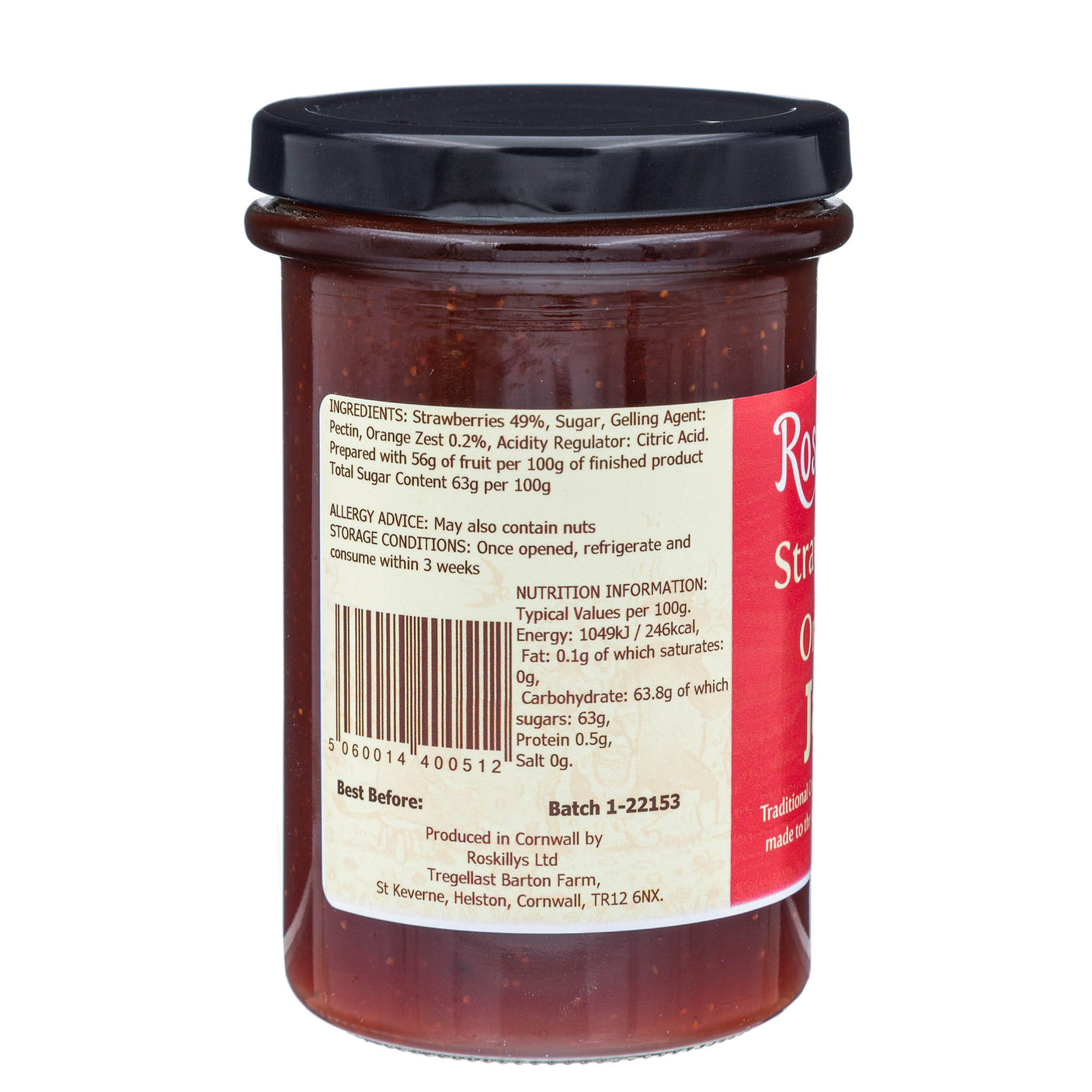 Lobbs Farm Shop, Heligan, Cornwall - Roskilly's Strawberry & Orange Jam 345g - Made in Cornwall