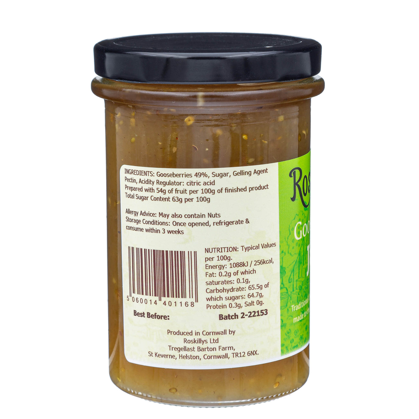 Lobbs Farm Shop, Heligan, Cornwall - Roskilly's - Gooseberry Jam 345g - Made in Cornwall
