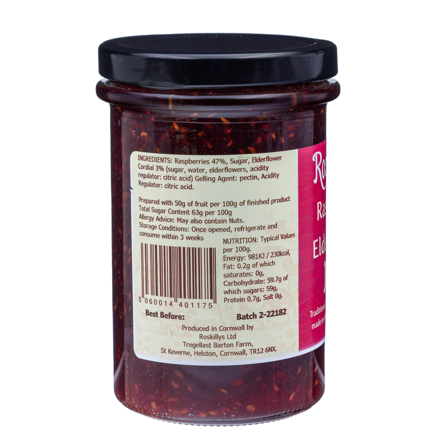 Lobbs Farm Shop, Heligan, Cornwall - Roskilly's - Raspberry & Elderflower Jam 360g - Made in Cornwall