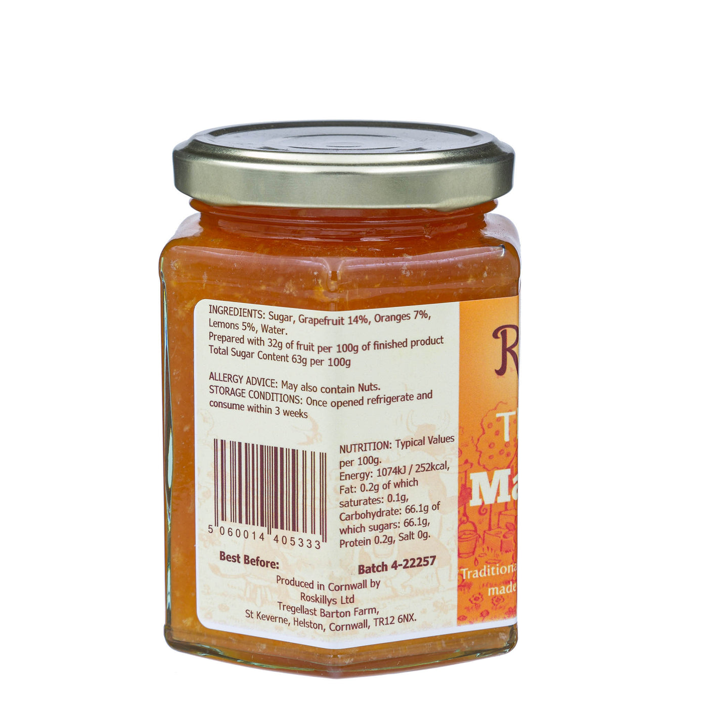 Lobbs Farm Shop, Heligan, Cornwall - Roskilly's - Three Fruit Marmalade 360g - Made in Cornwall