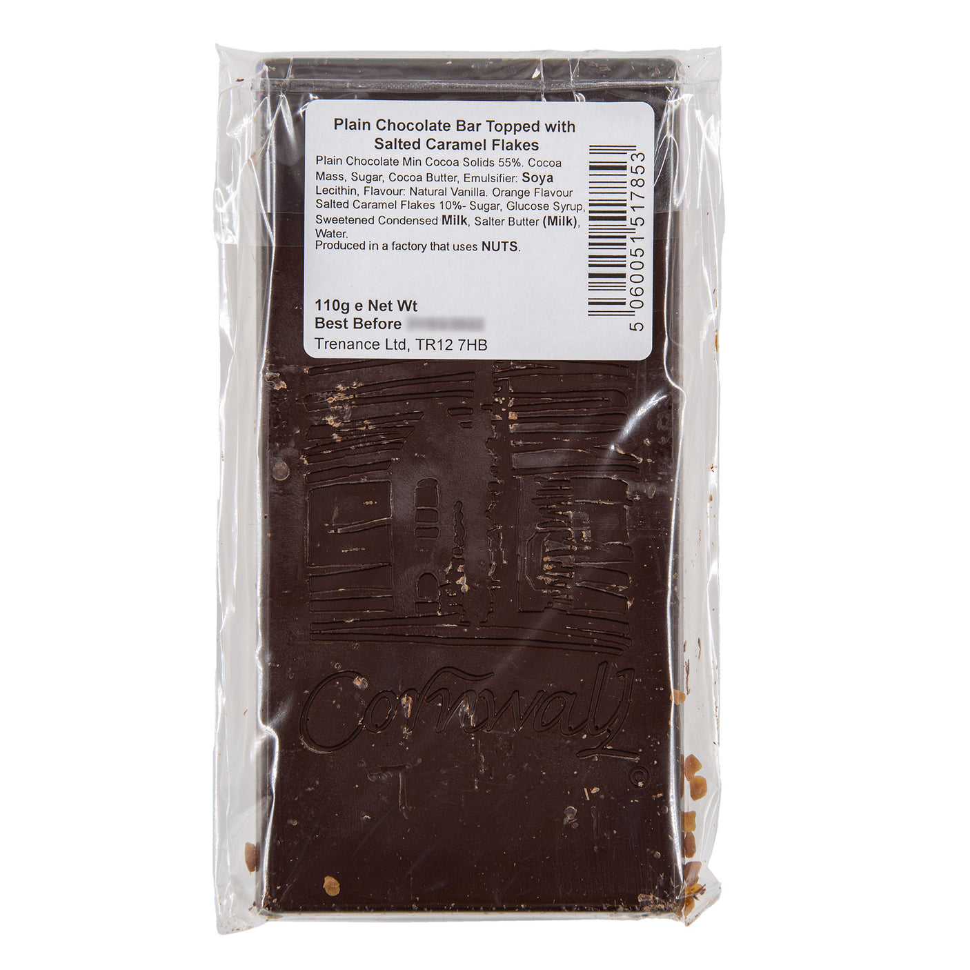 Trenance - Plain Chocolate Bar Toped with Salted Caramel Flakes 110g