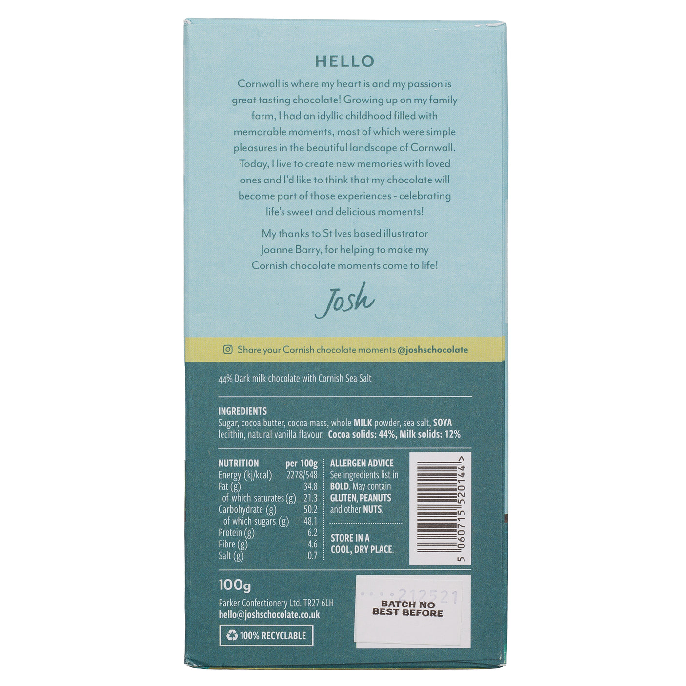 Josh's Chocolate - Tiptoe Across The Tide - Made in Cornwall