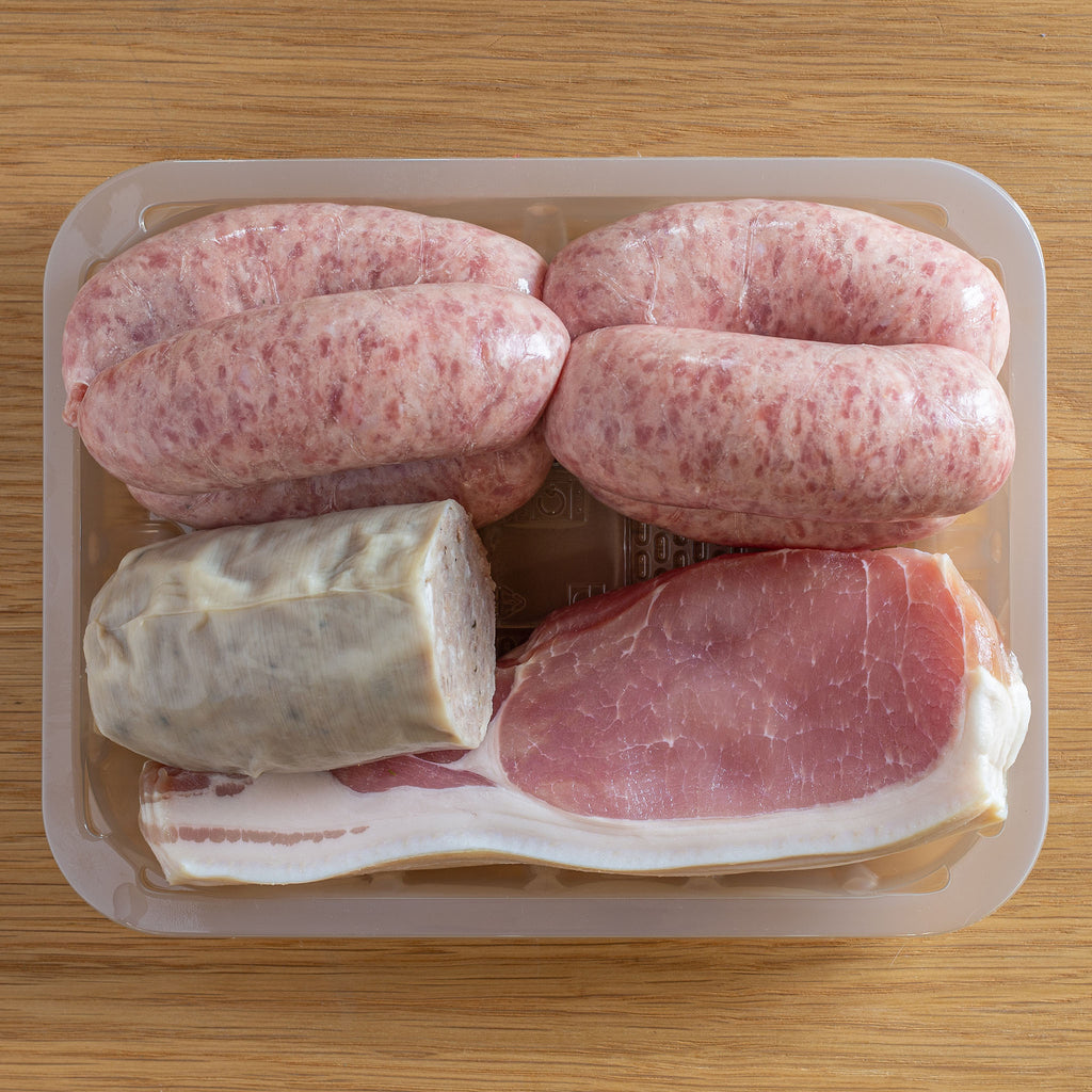 Lobbs Butchery - Medium Breakfast Pack - 6 Classic Cornish Sausages, 6 x Rashers of Prime Back Bacon and some Hogs Pudding