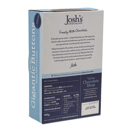 Lobbs Farm Shop, Heligan, Cornwall - Josh's Chocolate - Pure Pleasures Milk Chocolate Gigantic Buttons 140g