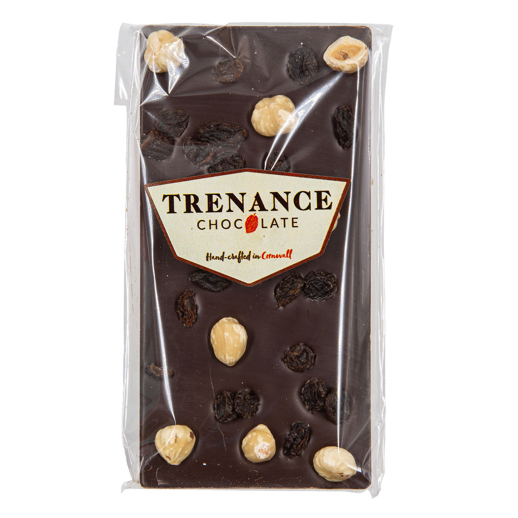 Trenance - Plain Chocolate Bar Topped with Roasted Hazelnuts & Raisins 110g