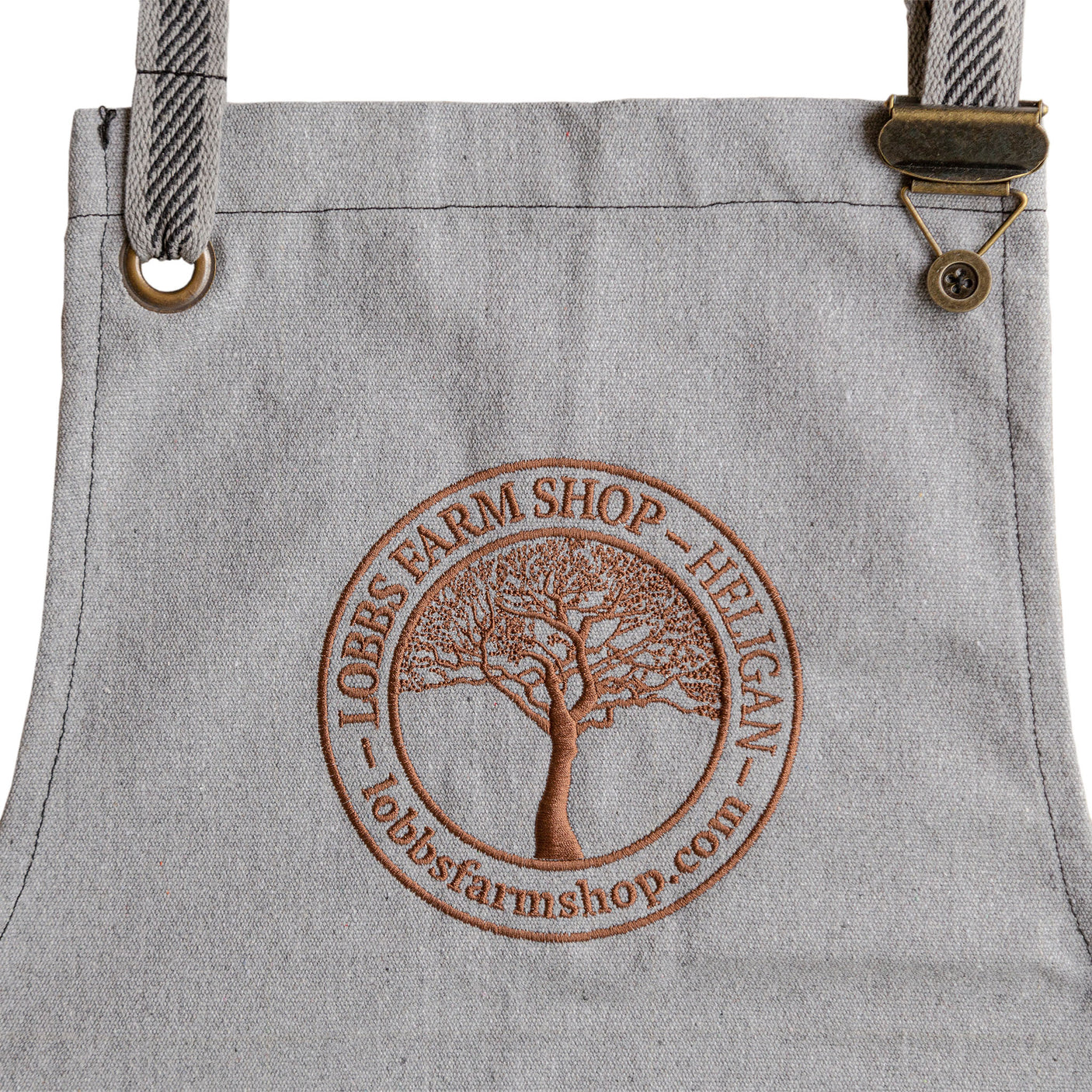 Lobbs Farm Shop 100% Recycled Canvas Cook's Apron logo detail