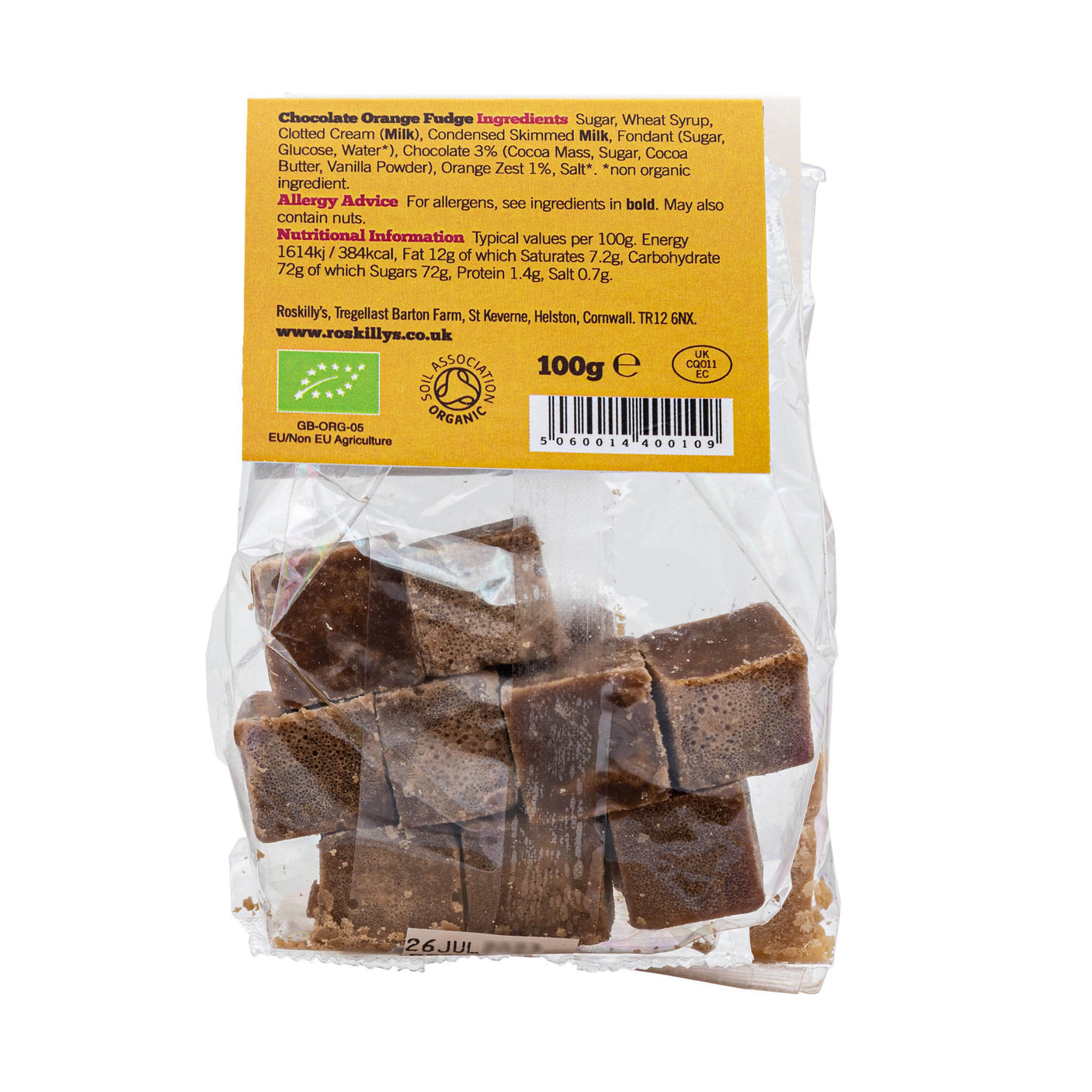 Lobbs Farm Shop, Heligan, Cornwall - Roskilly’s - Organic Chocolate Orange Fudge 100g - Made in Cornwall